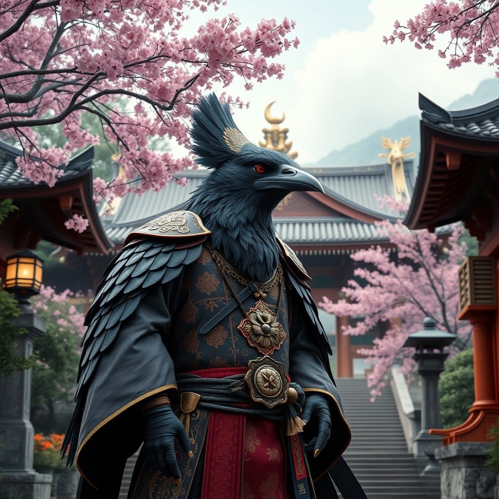 Grand Japanese Tengu Samurai Standing Guard in Front of Temp...
