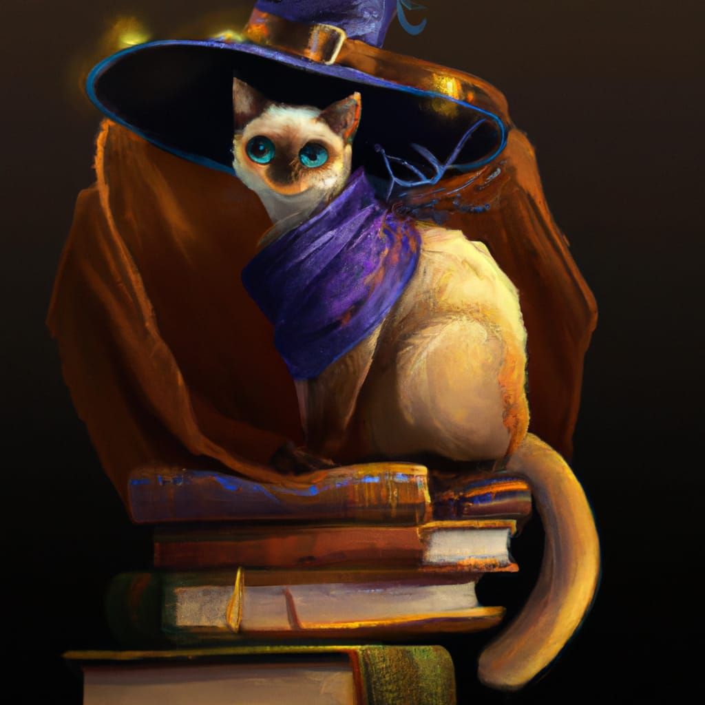 Siamese Cat Witch on Books in Spooky Halloween Scene