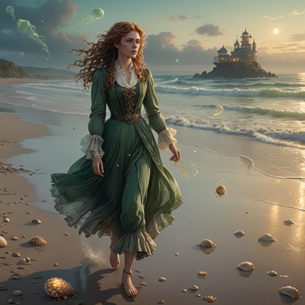 Victorian Woman on Misty Beach at Dawn