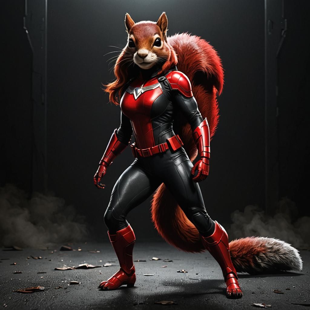 Squirrel Superhero in Red and Black Suit