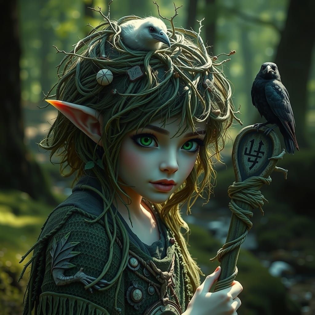 Mystical Forest Druid Gnome with Emerald Eyes