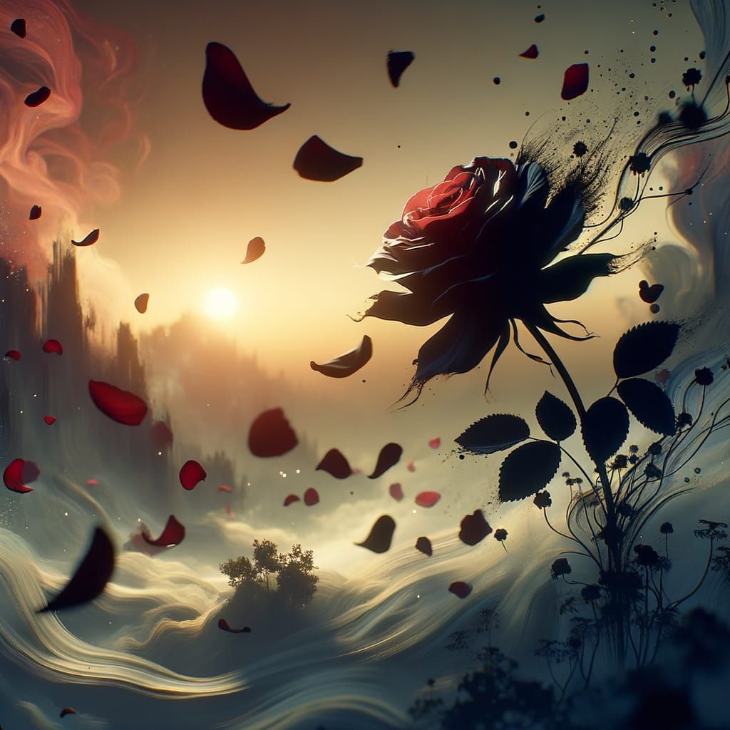 Delicate Rose Petals Floating in Wind, Matte Painting Style