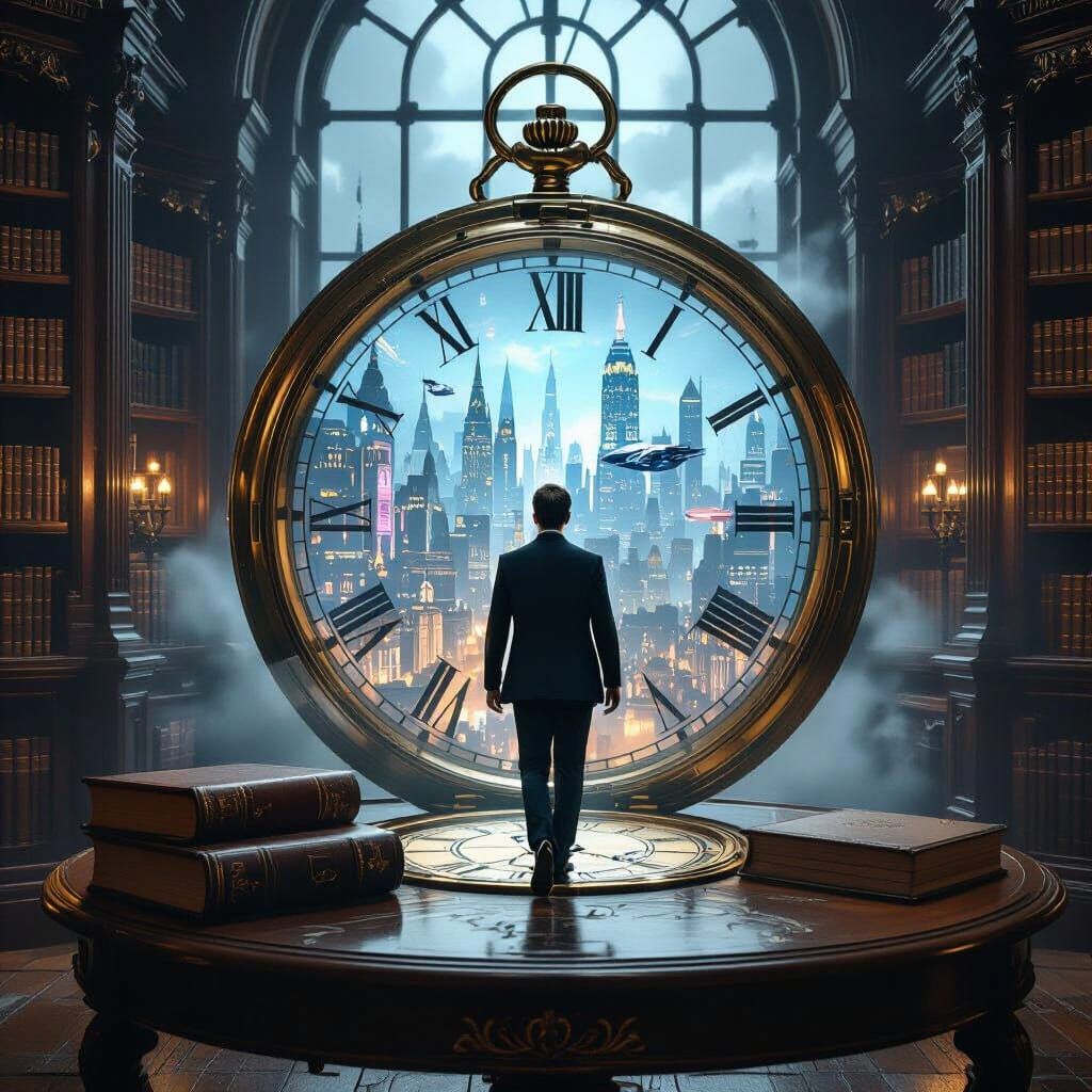 Pocket Watch Time Portal to Futuristic Cityscape