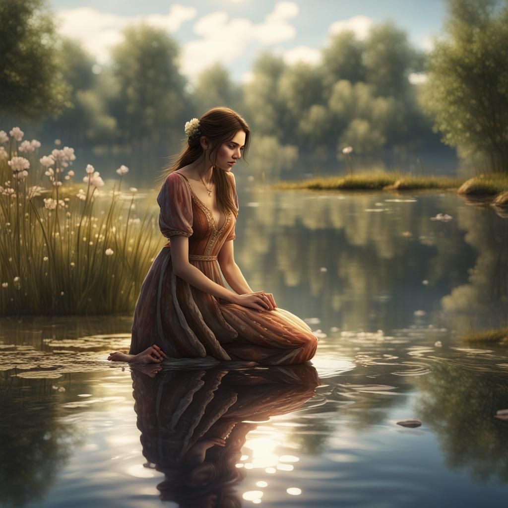 Woman Reflecting in Pond: Detailed Fantasy Art