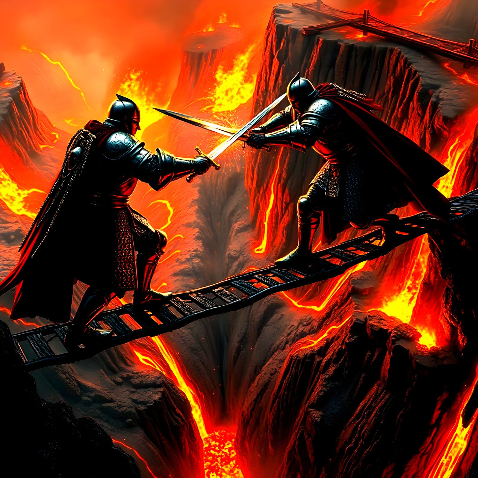Epic Knight Battle on Fiery Volcano Bridge