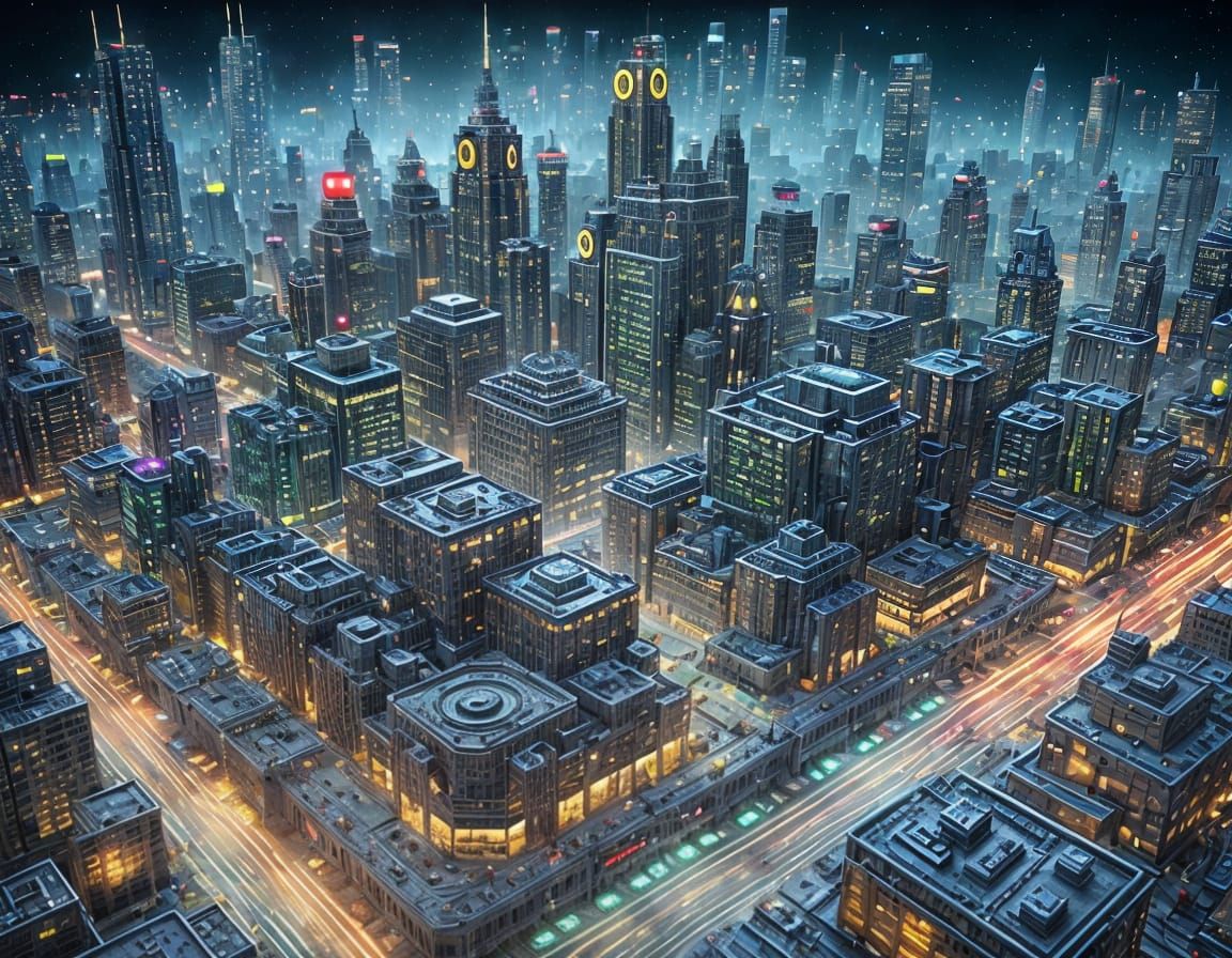 Circuit Board Cityscape in 3D Digital Art Style