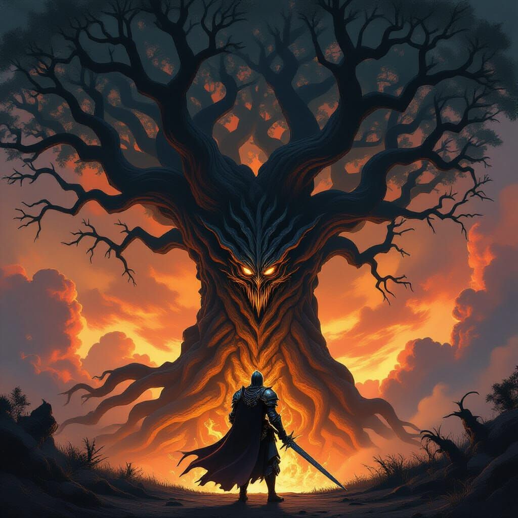 Knight Before Nightmare Tree in Fiery Sky