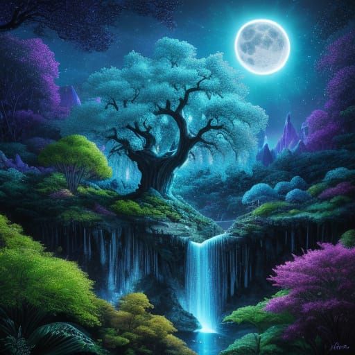 Surreal Full Moon Waterfall Cosmic Illustration