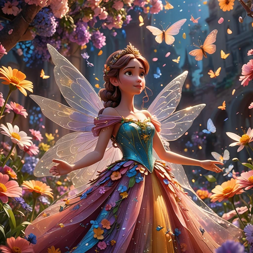 Fairy Princess Amidst Blooming Flowers: Disney Pixar Art