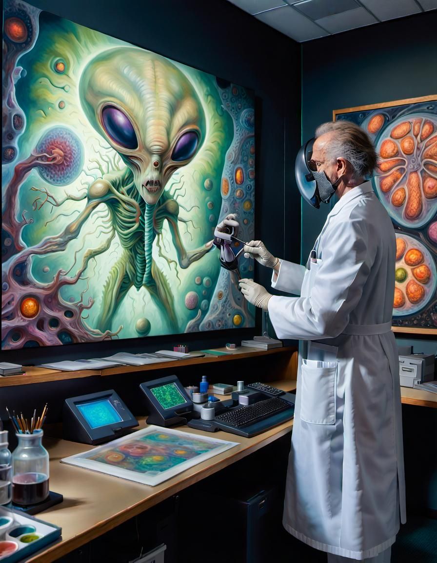 Alien Scientist: Neo-Impressionist Oil Painting