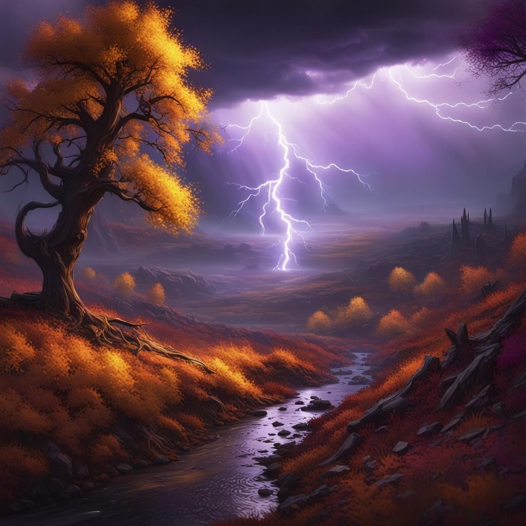 Dramatic Autumnal Landscape with Lightning, Dark Fantasy Art