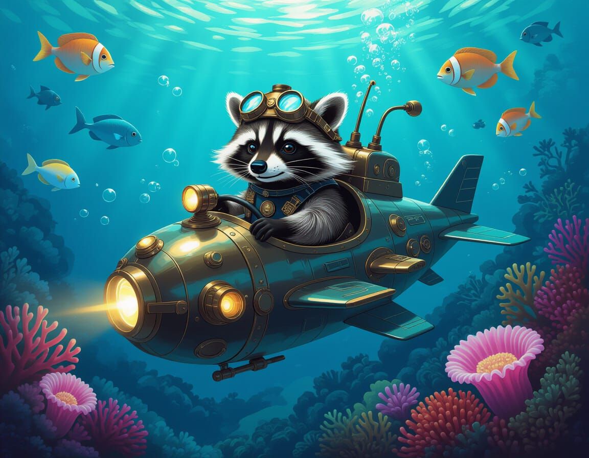 Regal Raccoon in Submarine, Art Nouveau Style