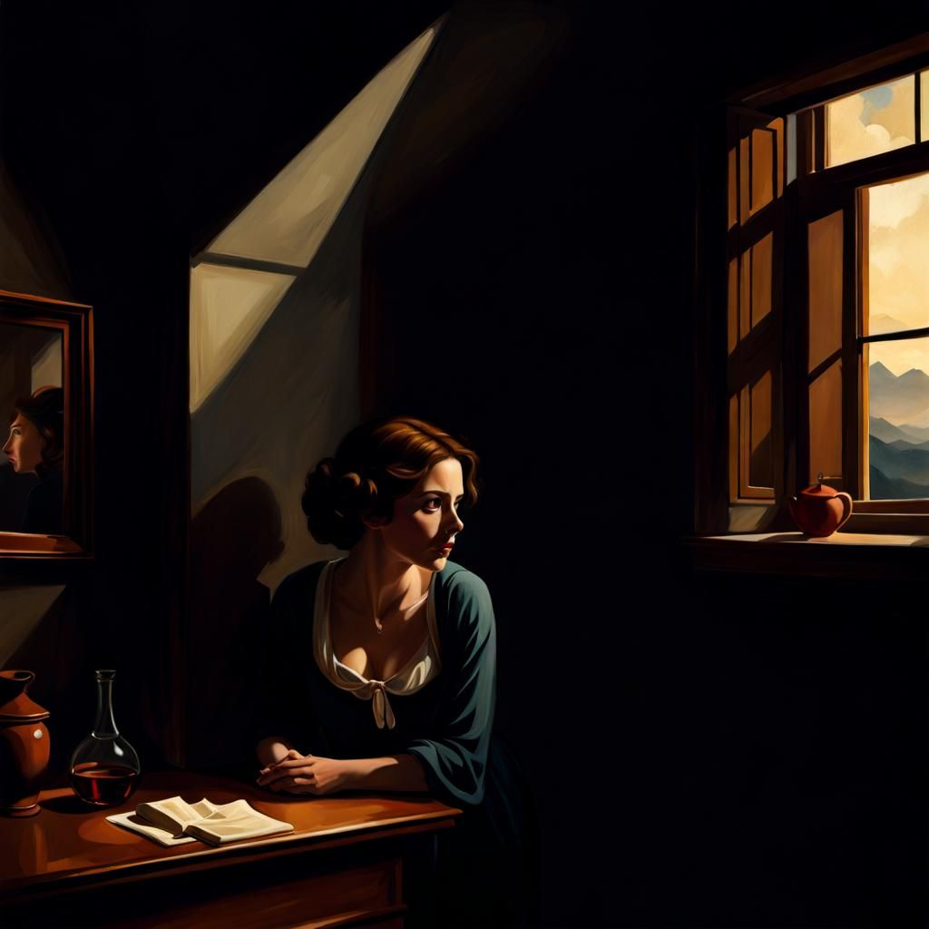 Woman in Dimly Lit Room, Edward Hopper Style