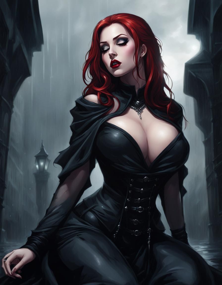 Redhead Vampire Kneeling in Rainy Gothic Scene