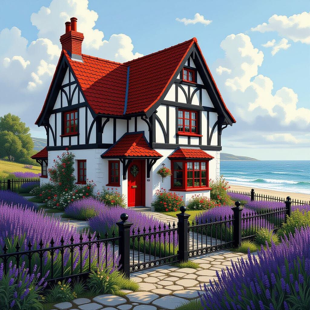 Tudor Cottage with Lavender Field, in Matte Painting Style