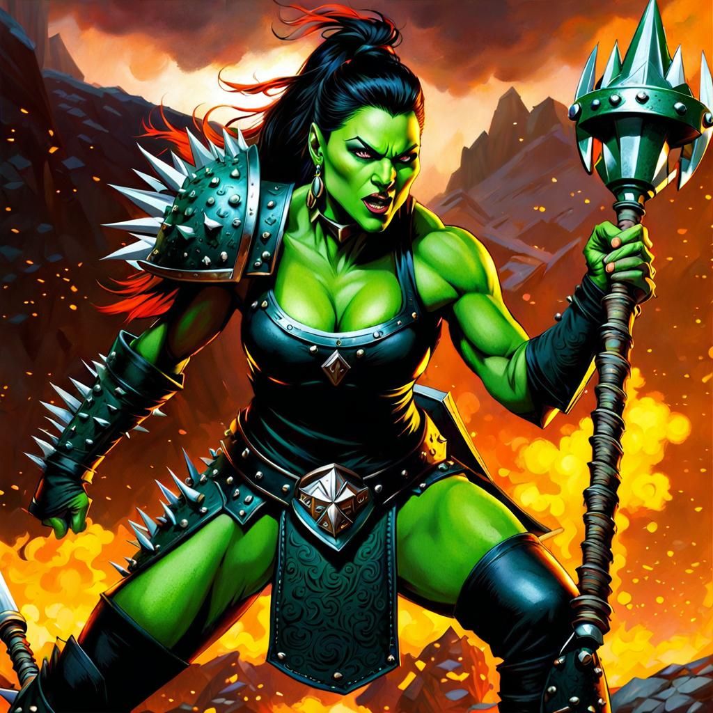 Green Orc Warrior Woman with Mace