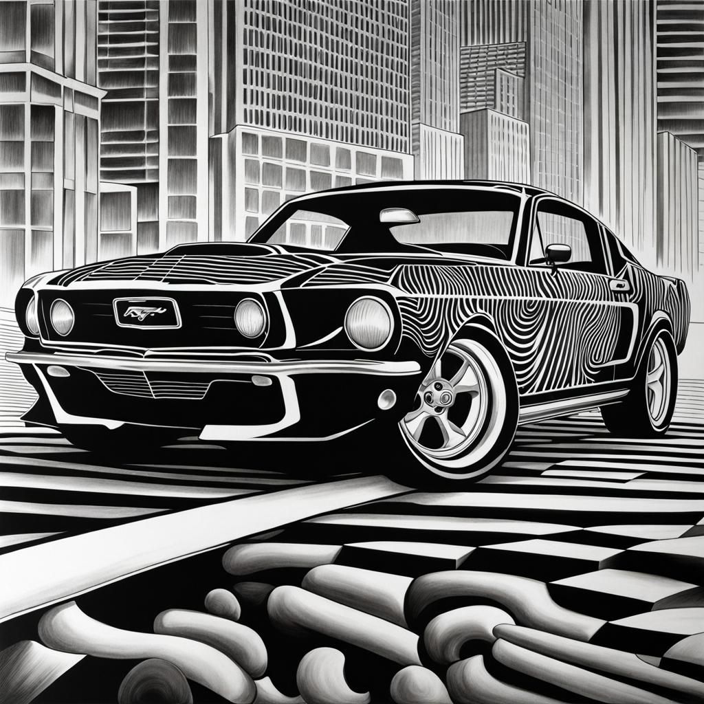 Op Art Ford Mustang Pencil Sketch