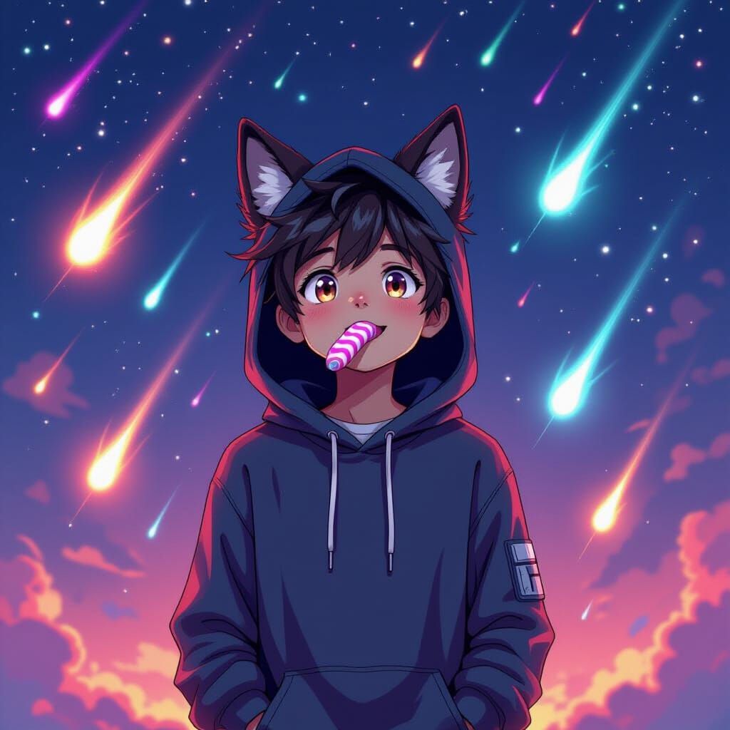 Boy with Wolf Ears Amidst Meteor Shower