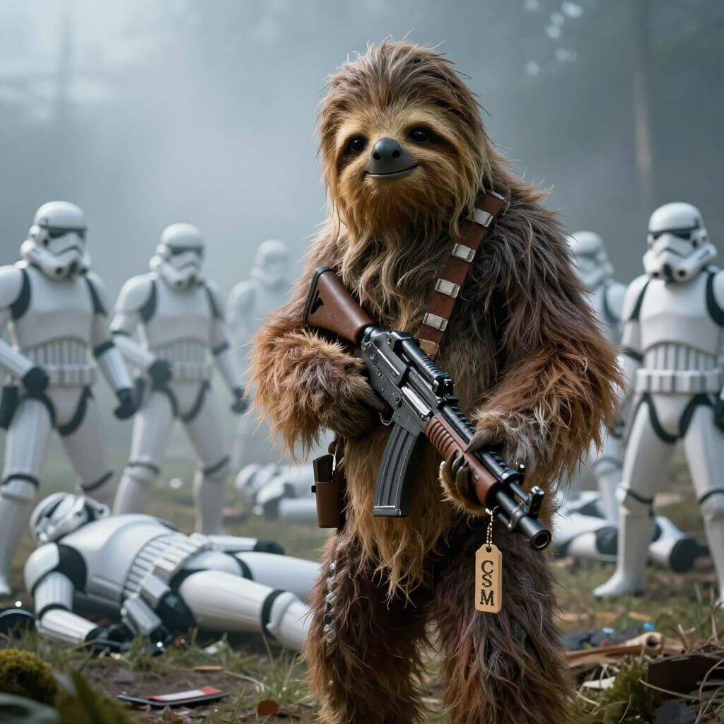 Sloth Chewbacca Fights Stormtroopers with Futuristic Rifle