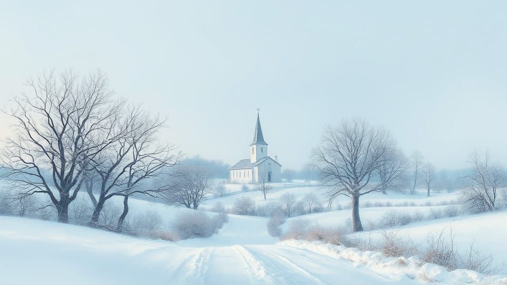 Dreamy Winter Village with Lone Church in Ethereal Landscape