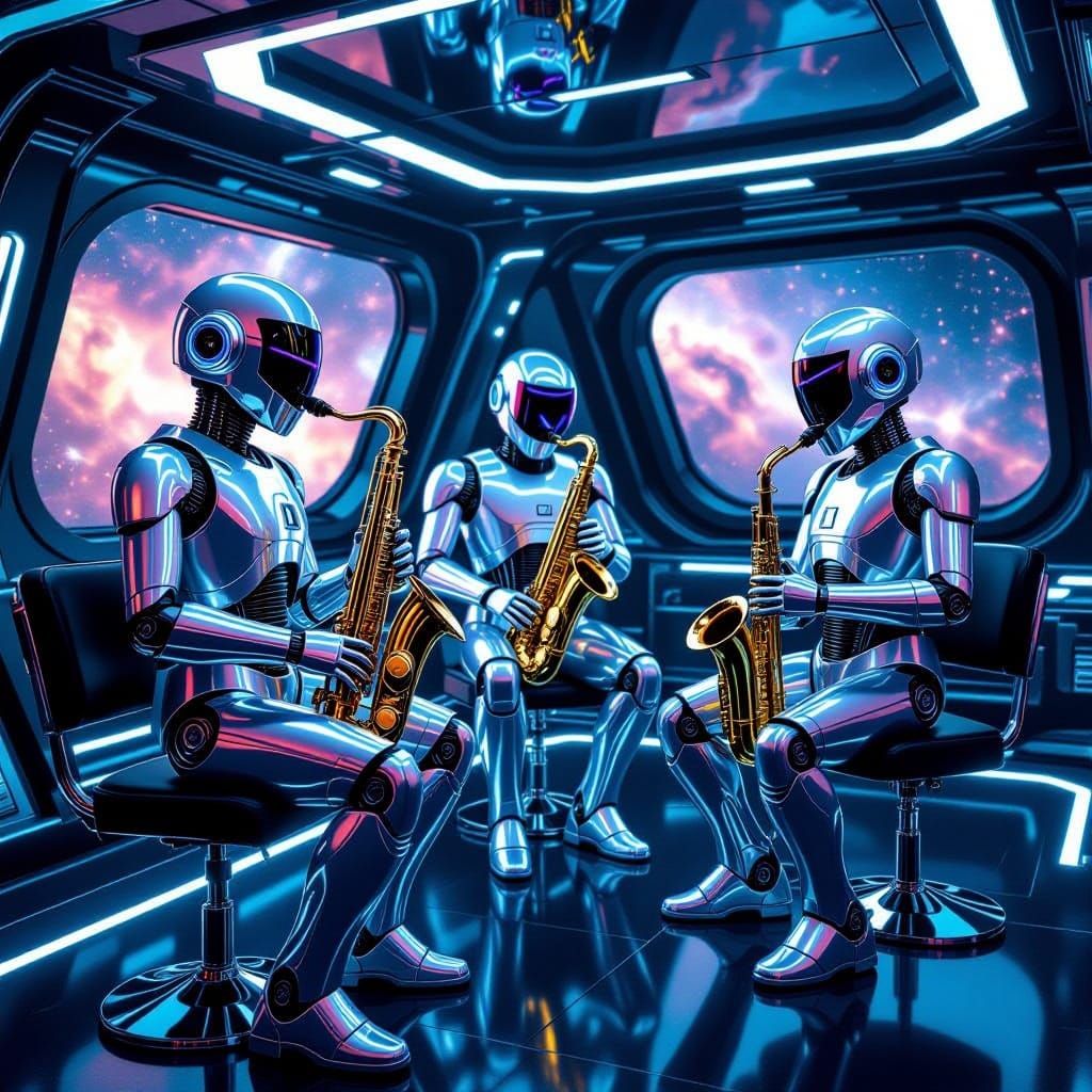 Silver Robots Jazz Concert in Futuristic Spaceship