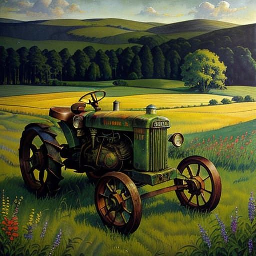 Vintage Tractor in Lush Green Meadow