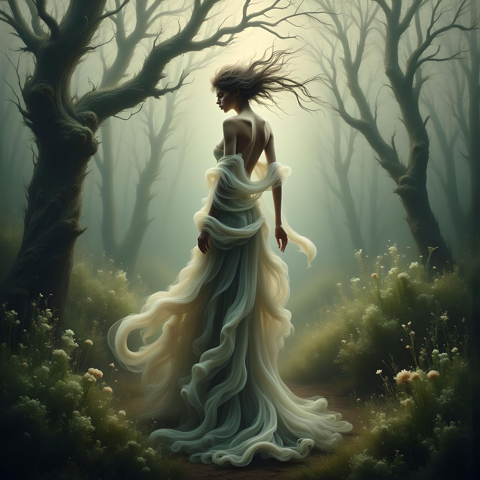 Ethereal Woman in Mist-Shrouded Meadows