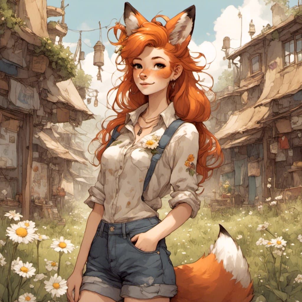 Fox-girl VIXEN holding a single daisy flower