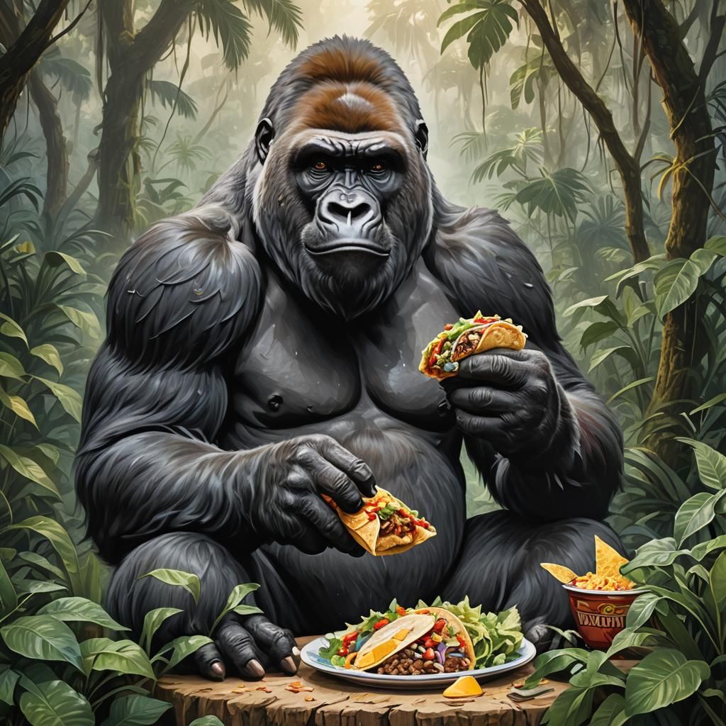 Gorilla Enjoys Taco in Jungle, Hyperdetailed Whimsical Art