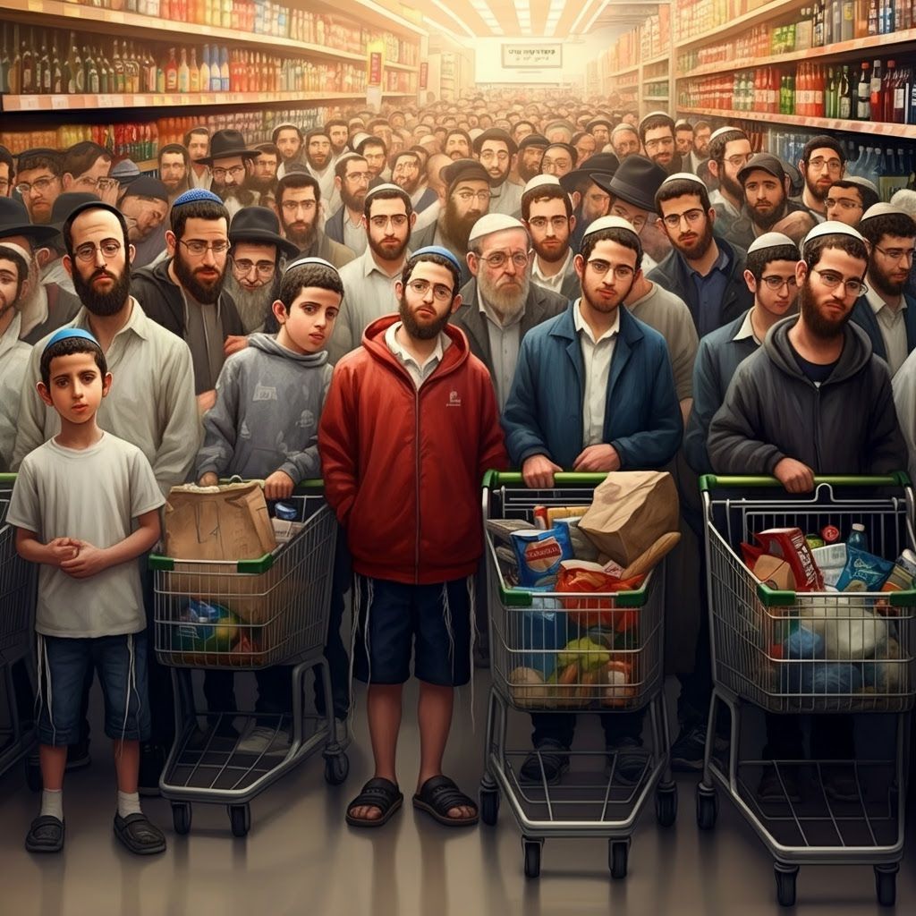 Realistic Digital Painting of Israeli Men in Supermarket Que...