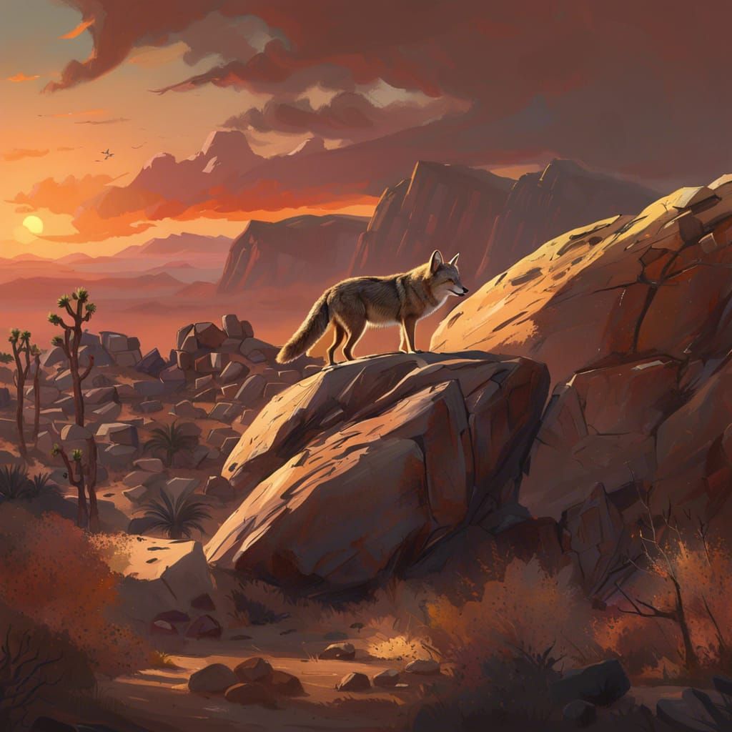 Coyote at Sunset in Joshua Tree: Dark Style