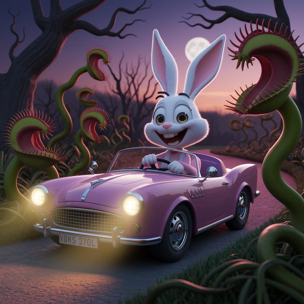 Cartoon Bunny Drives Through Carnivorous Garden
