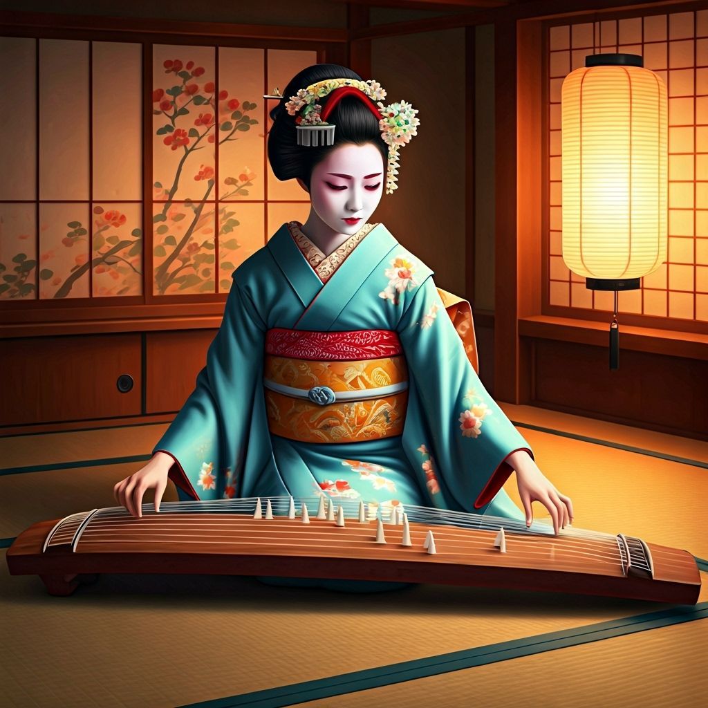 Geisha Plays Koto Under Soft Lantern Light