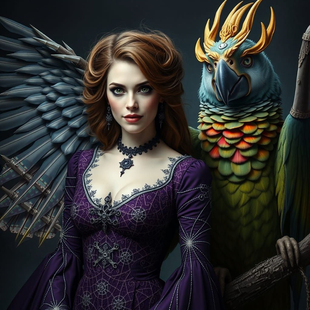 Ethereal Queen with Mysterious Parrot Companion in Ancient R...