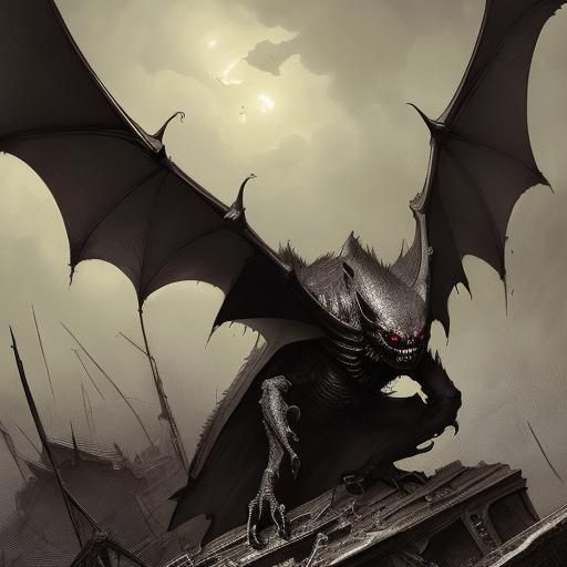 Sinister Bat Creature Over Destroyed City: Horror Art