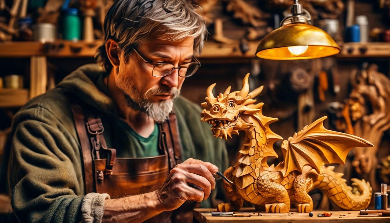 Craftsman Sculpting Dragon: Oil Painting with Warm Tones