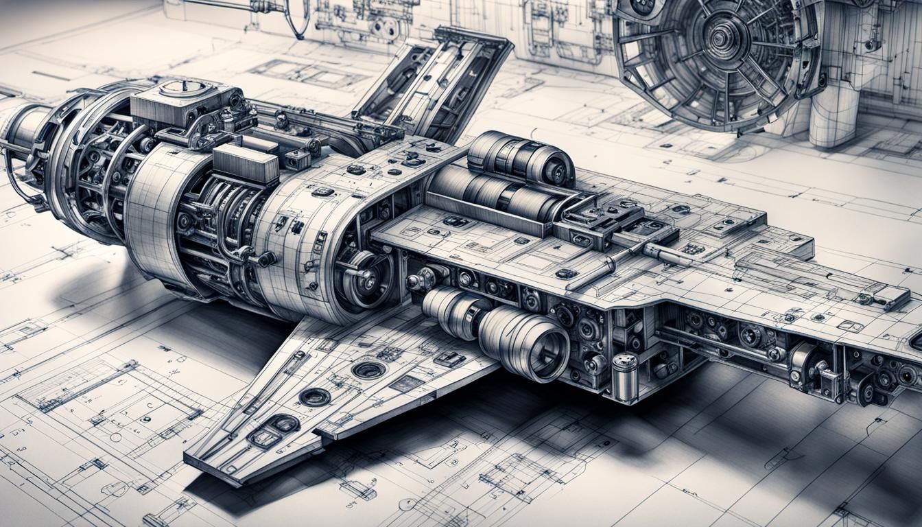 Detailed Blueprint Charcoal Drawing of Machine Parts