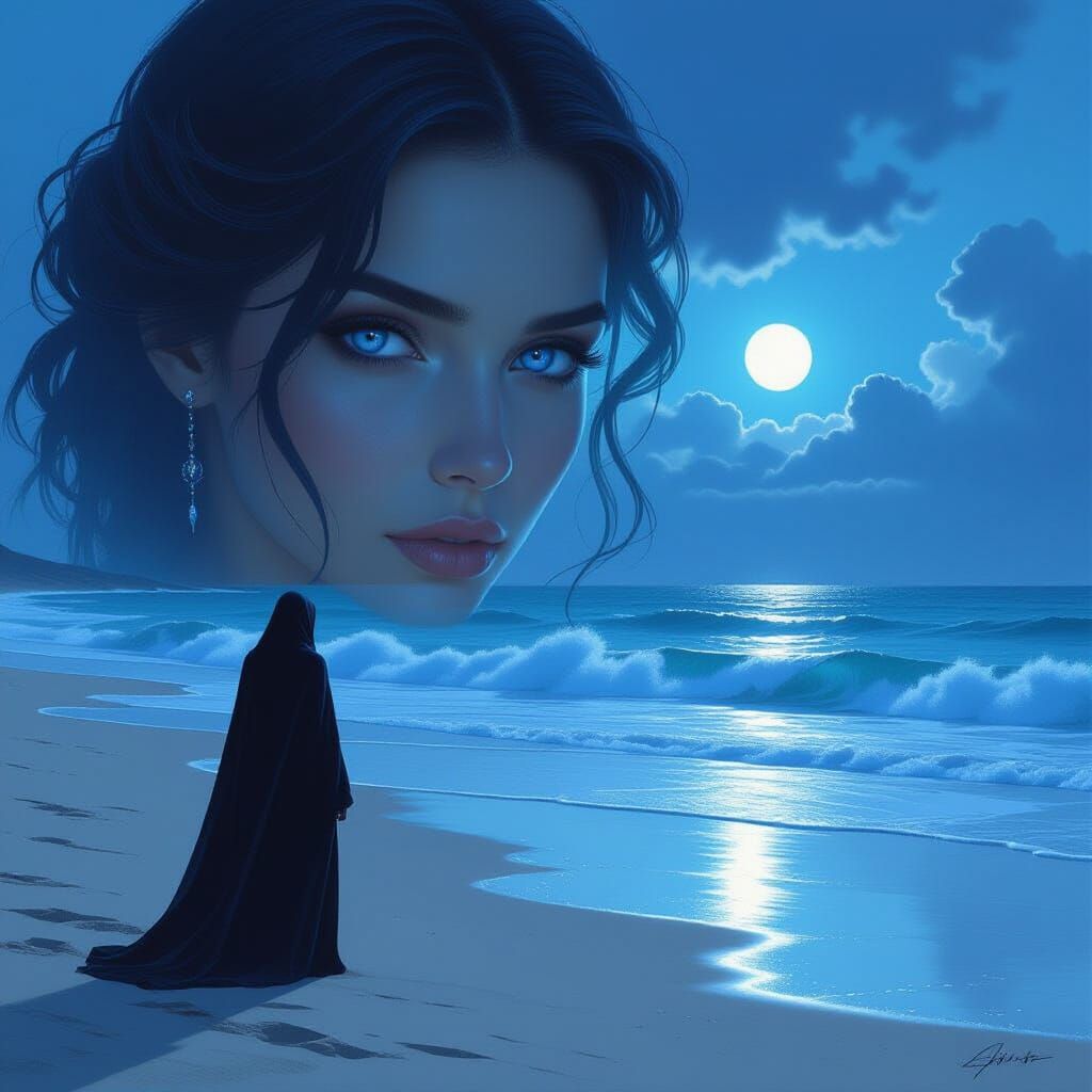 Ethereal Beach Scene with Blue-Eyed Figure and Silvery Tide