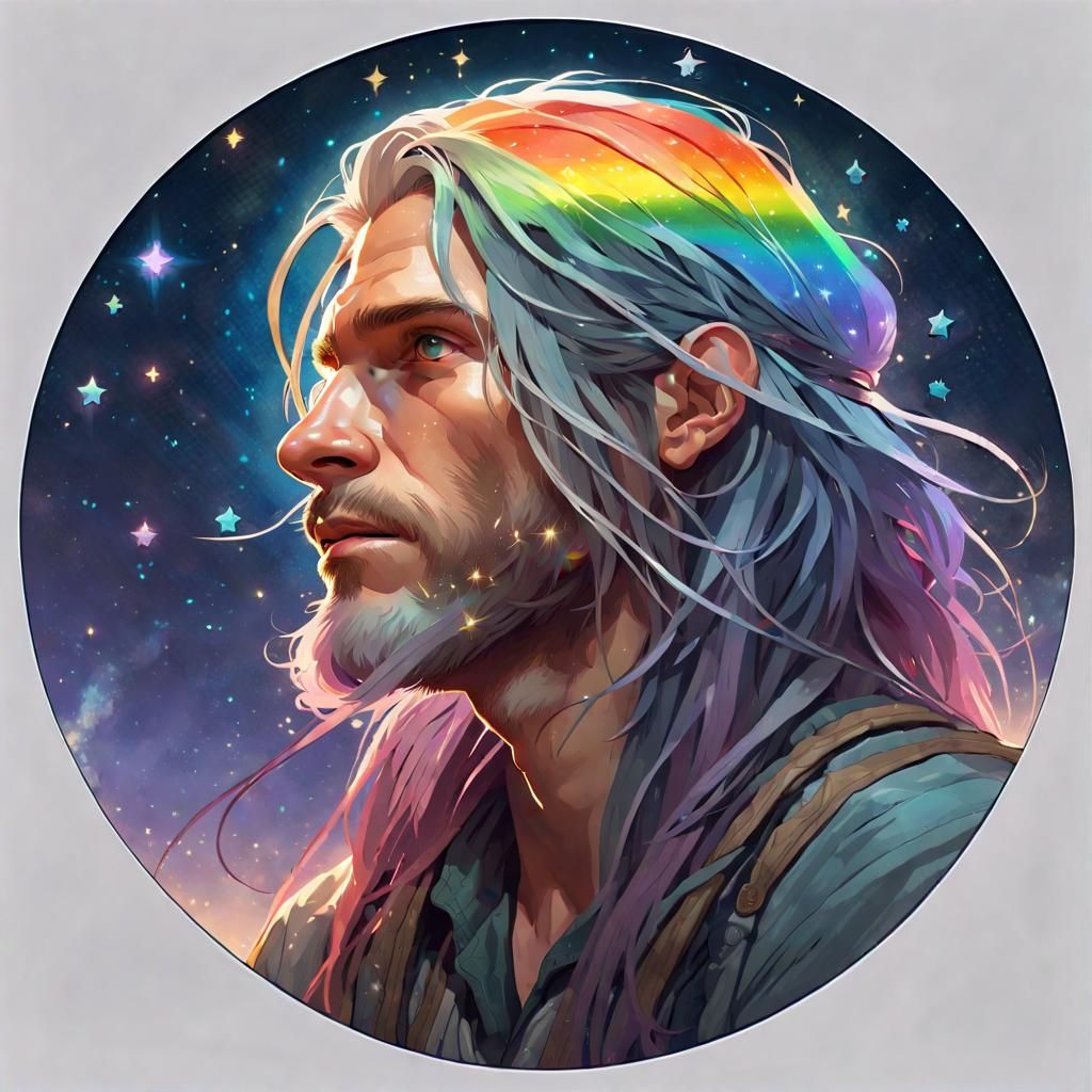 Rainbow Haired Man Reflecting Starry Night, Digital Art