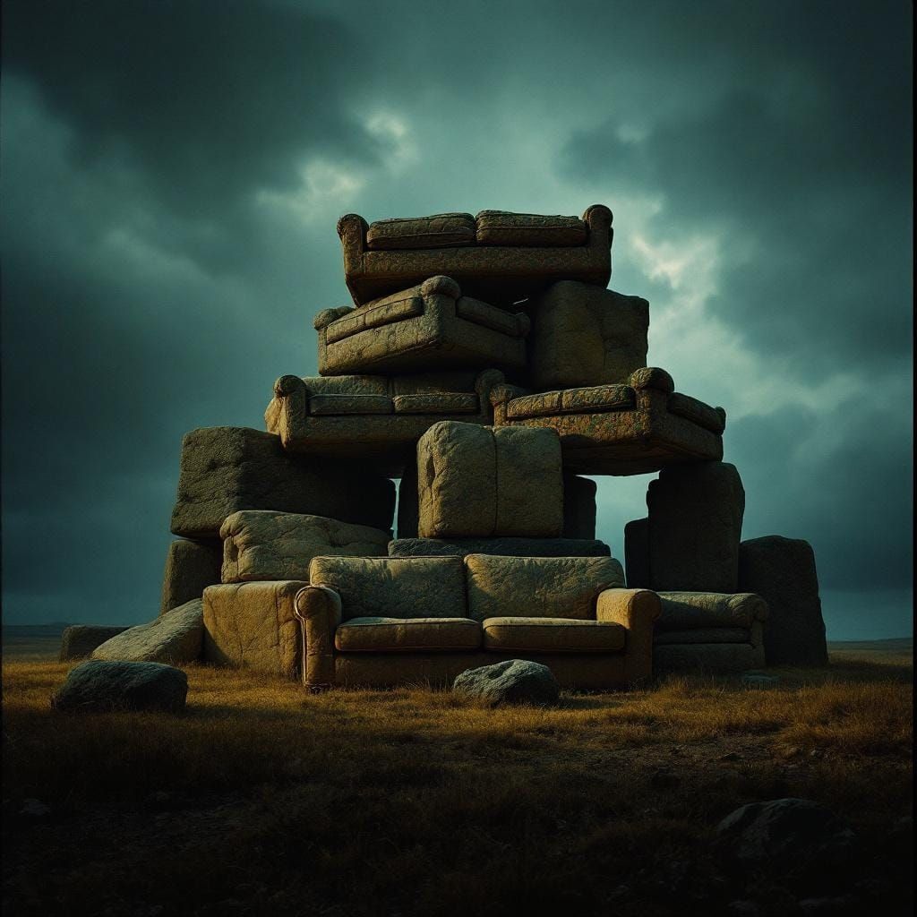 Stonehenge Recreated with Sofas: Cinematic Film Still