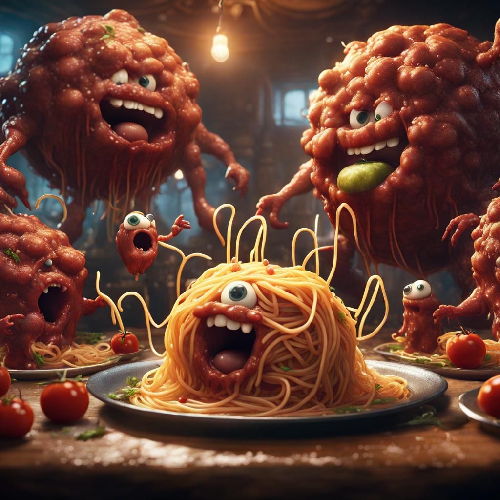 Spaghetti Monsters Serenade a Meatball in Matte Painting