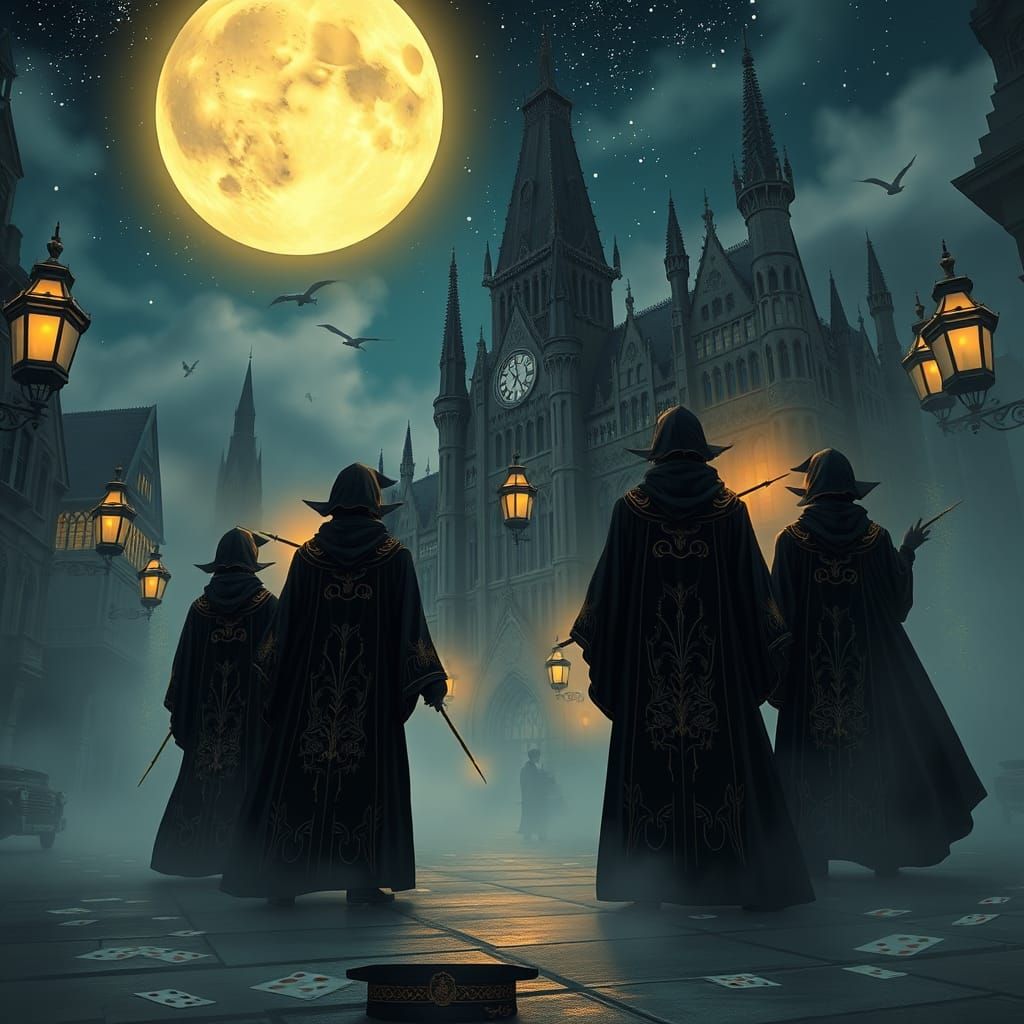 Magicians in Mystical Cityscape at Dusk