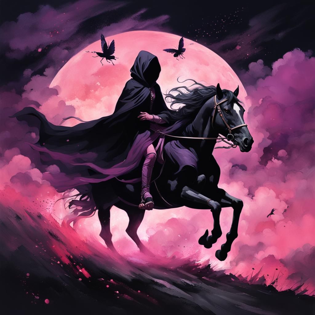 Midnight Rider on Rearing Horse with Fireflies