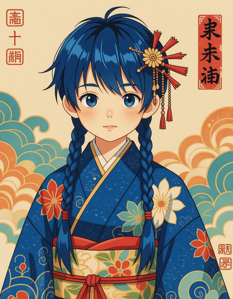 Japanese Boy with Blue Hair in Gouache-Watercolor Style