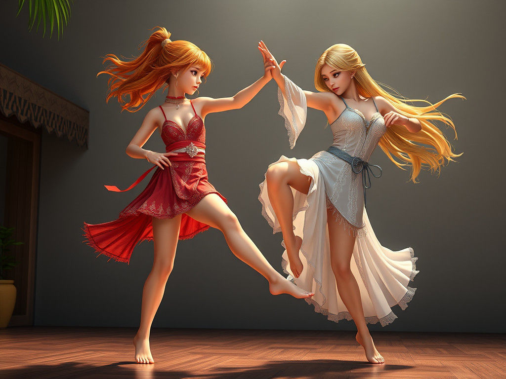 Anime Style: Two Women Practicing Capoeira