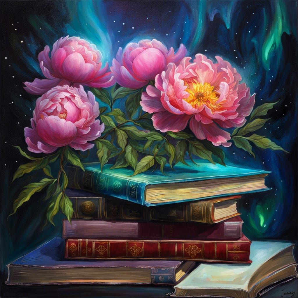 Glowing Peonies on Books in Ethereal Oil Painting