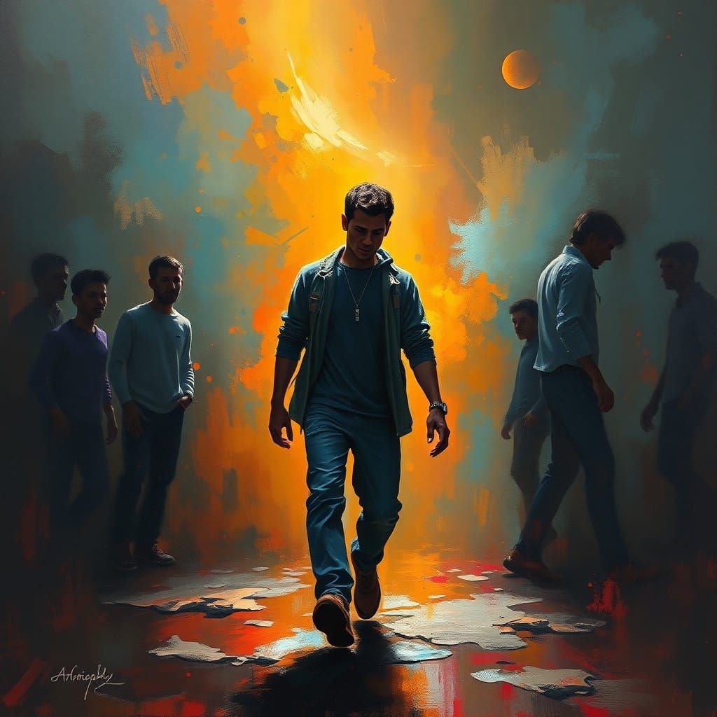 Bold Oil Painting of Man Facing Inner Darkness