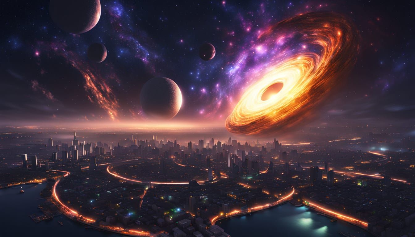 Cosmic Black Hole Galaxy Over City At Night