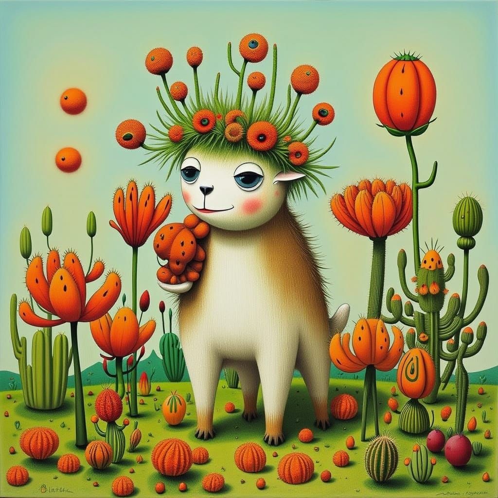 Goat Eating Roses in Whimsical Watercolor Style