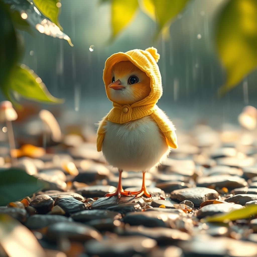 Baby Bird in Raincoat: Whimsical Scene